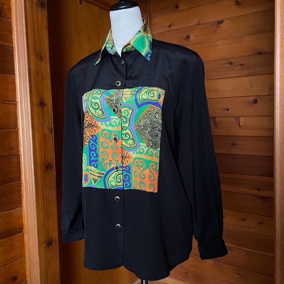 Vintage 80s Martinique Multicolor Multiprint Satin Button Down - Picture 2 of 6